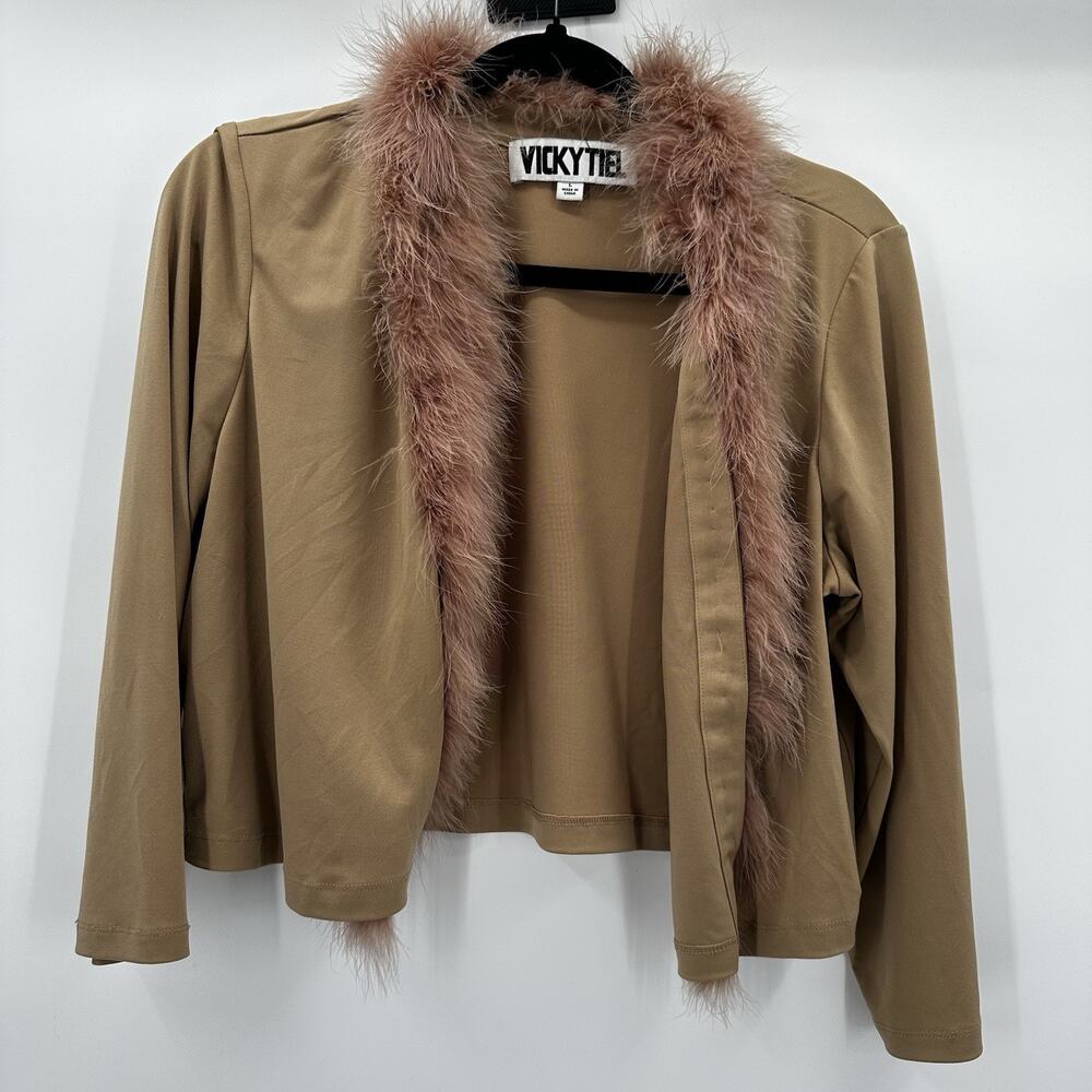 Vicky Tiel Shrug Wrap Womens Large Tan Turkey Feather Collar‎ Open Sweater